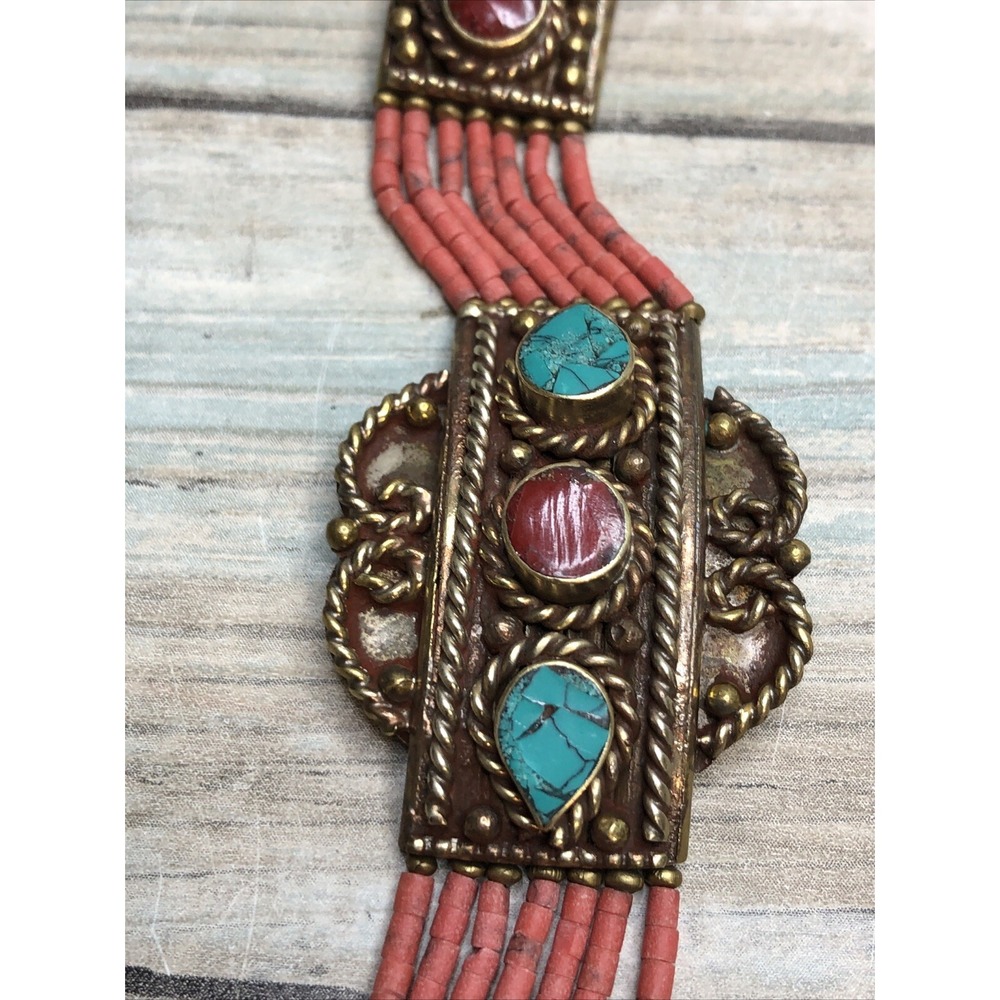 Tibet old‎ antique Tibetan Silver Inlaid Bracelet Turquoise Red Coral 7.5"
